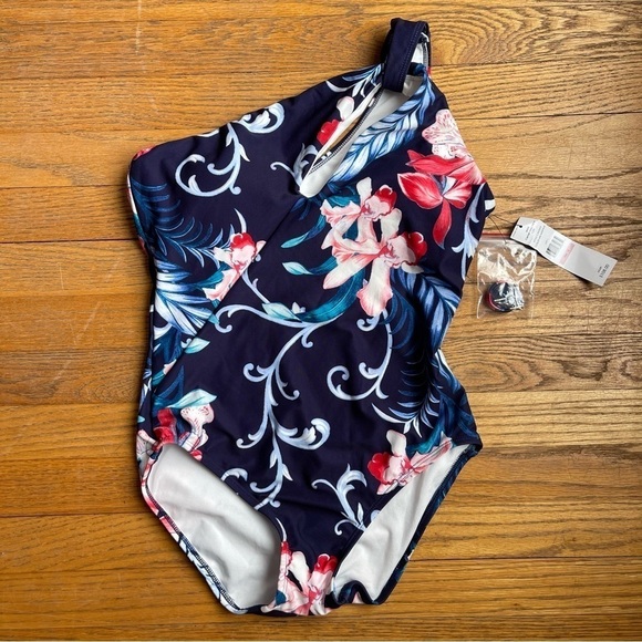 Carmen Marc Valvo Navy Floral One-Piece Swimsuit - Picture 1 of 7